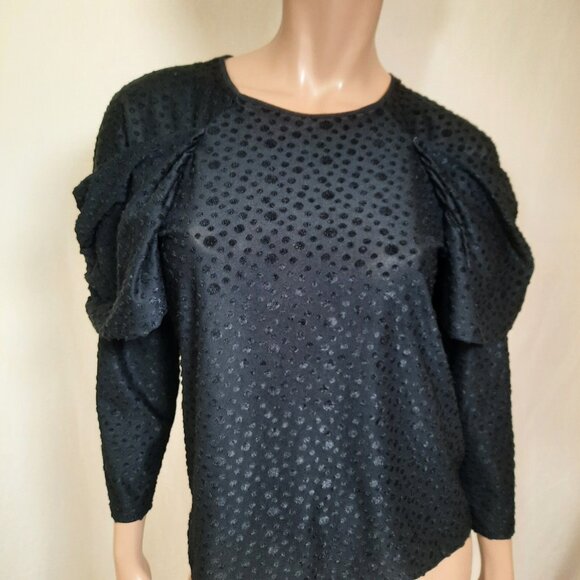 Vintage 80s Blouse Black Ruched Puff Sleeves Womens M Textured Dots - Picture 3 of 7